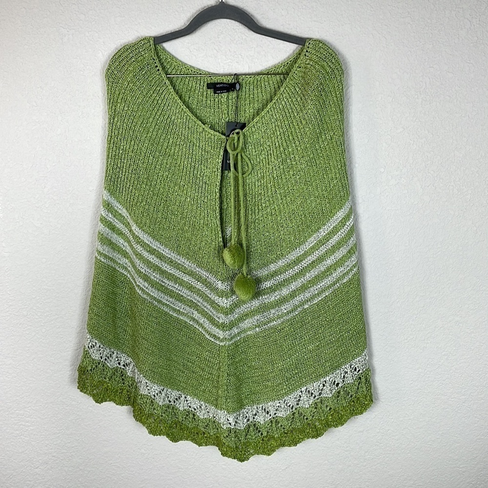 Nwt Vertigo Olive Green Combo Knit Poncho Cape And Fuzzy Pom Poms Sz S
